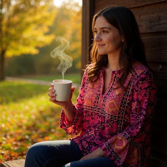 LUCKY BRAND Mixed Border Print Top Red Boho Womens Small - Picture 1 of 6
